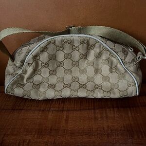 Gucci Tan Monogram Canvas Bag with Green Strap